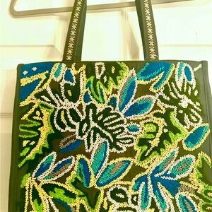 NEW America & Beyond Beaded Vibrant Embroidered Tote Bag - Black, Green, Blue.